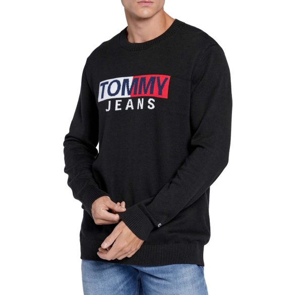 Tommy Jeans férfi kötött pulóver fekete színben elején logó mintával