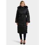 Guess női karcsúsított fazonú hosszú pehely téli kabát fekete színben kapucnival