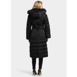 Guess női karcsúsított fazonú hosszú pehely téli kabát fekete színben kapucnival