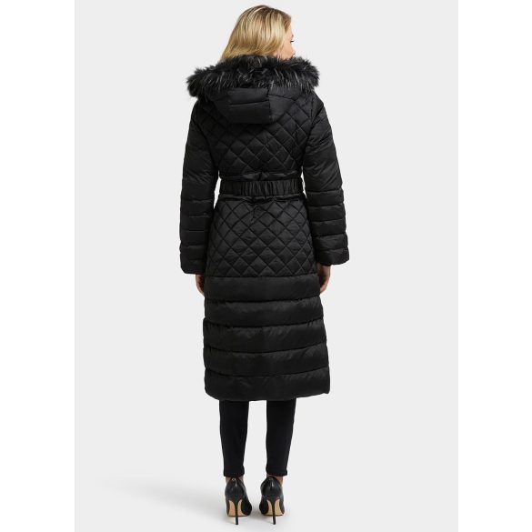Guess női karcsúsított fazonú hosszú pehely téli kabát fekete színben kapucnival