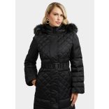 Guess női karcsúsított fazonú hosszú pehely téli kabát fekete színben kapucnival