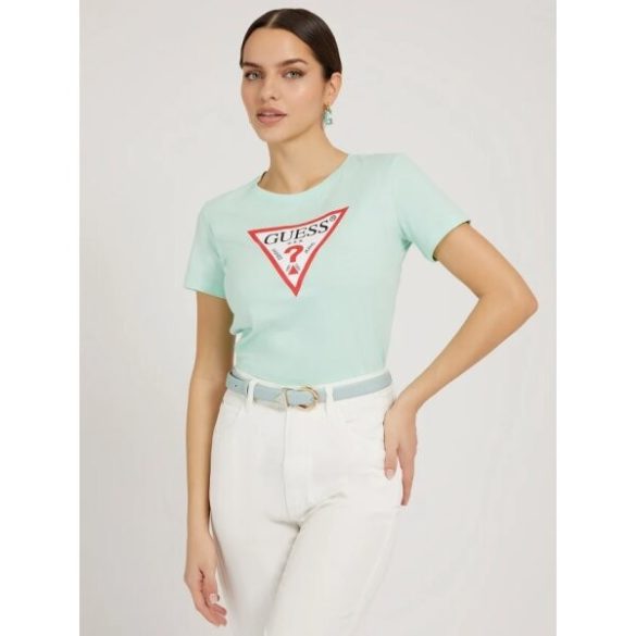 Guess női környakas pamut póló elején logó mintával mentazöld színben