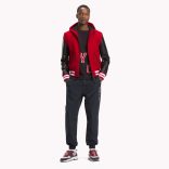 Tommy Hilfiger férfi kapucnis baseball fazonú kabát fekete bőr ujjal gyapjú anyagból piros színben