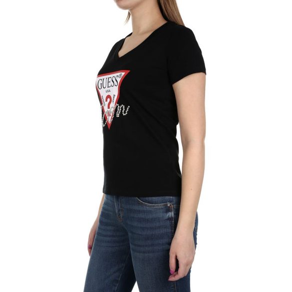 Guess női V nyakú pamut póló elején logó mintával fekete színben