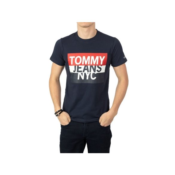 Tommy Jeans férfi pamut póló navykék színben elején logó mintával