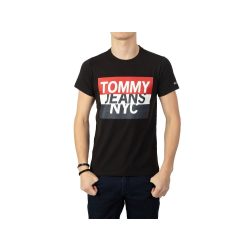   Tommy Jeans férfi pamut póló elején mintával fekete színben