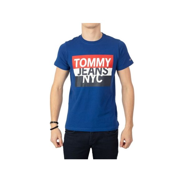 Tommy Jeans férfi pamut póló elején logó mintával kék színben