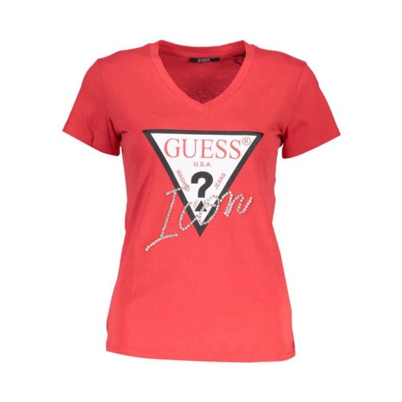 Guess női V nyakas póló elején logó mintával piros színben
