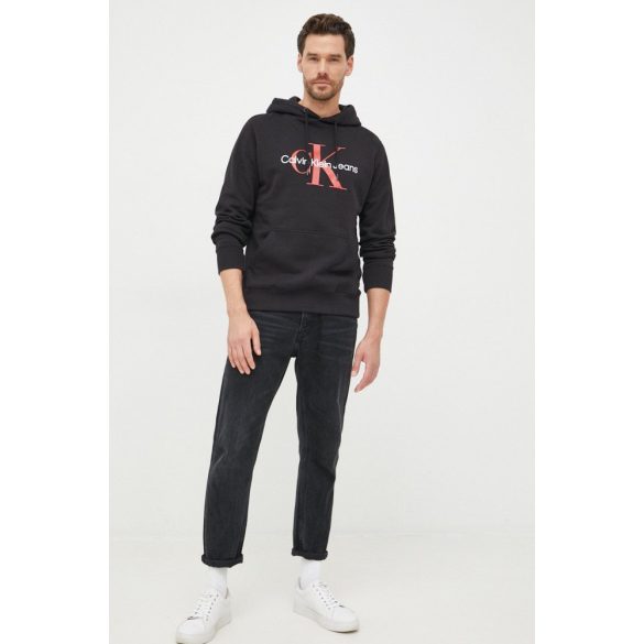 Calvin Klein Jeans férfi kapucnis pamut pulóver fekete színben elején logó mintával