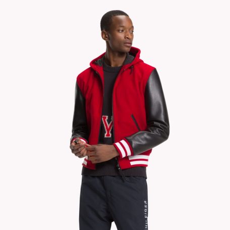 Tommy Hilfiger férfi kapucnis baseball fazonú kabát fekete bőr ujjal gyapjú anyagból piros színben