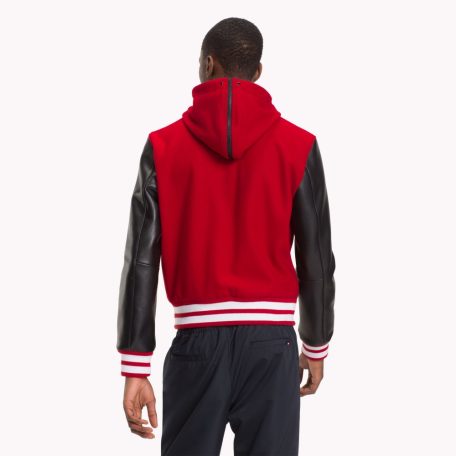 Tommy Hilfiger férfi kapucnis baseball fazonú kabát fekete bőr ujjal gyapjú anyagból piros színben