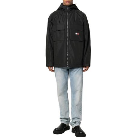Tommy Jeans férfi kapucnis átmeneti kabát fekete színben lezser fazonú