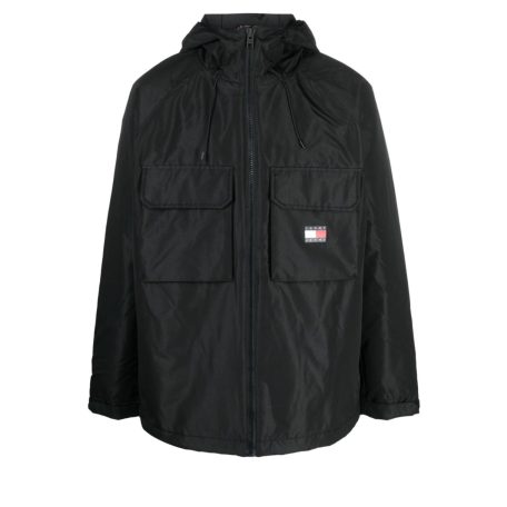 Tommy Jeans férfi kapucnis átmeneti kabát fekete színben lezser fazonú